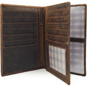Portefeuille De Voyage En Cuir V&eacute;ritable - Protection Rfid,12 Emplacements Pour Cartes,Compartiments Pour Documents,Fen&ecirc;tre De Visualisation,Organiseur En Cuir,Marron,Kompakt,D&eacute;contract&eacute; - Neuf