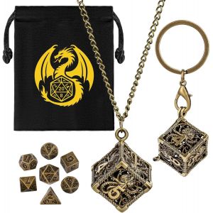 Eryi-Mini Set De Dés Dnd Avec Porte Clés Portable, Collier, Cage Creuse En D6 Pieuvre, Polyédrique En Métal De 7 Pièces Dés, Cadeaux D&d Avec Sacs Cadeau, Accessoires De Jeux De Société De Rôle, Bron - Neuf