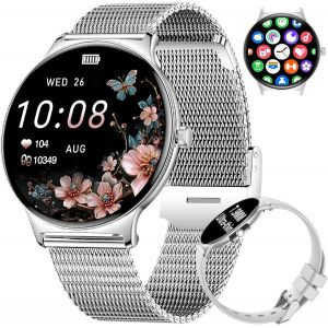 Montre Connect&eacute;e Femme Avec Appel Bluetooth, 1.43"" Hd Amoled Ronde Smartwatch Femme, Fonction F&eacute;minine/100+ Modes Sport/&Eacute;tanche Ip68/Podom&egrave;tre Pour Android Ios, Bandeau En Maille Argent - Neuf