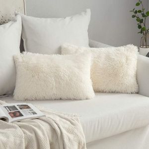 Cauc-Lot De 2 Housse De Coussin De Canap&eacute; Fourrure De Luxe Decoration Canap&eacute; Maison Chambre Lit Super Doux Peluche Taie D'oreiller D&eacute;corative 40x60cm 16x24 Pouces,Beige - Neuf