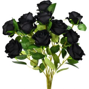 12 PCS Roses Artificielles Noires, Fleur Artificielle Roses, Fausse Rose Noire, Bouquet de Fleurs en Soie, Roses Artificielles en Soie Grande Tige pour Anniversaire Mari&eacute;e Jardin - Neuf
