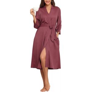 Peignoir Long Femme En Tricot Gaufré Robes De Chambre Doux Et Léger Longueur Sous Les Genoux Loungewear Col V Avec Ceinture - Neuf
