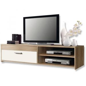 Meuble TV PILVI - Style contemporain - Particules m&eacute;lamin&eacute; - D&eacute;cor Ch&ecirc;ne et blanc - 1 Abattant + 2 niches - L 120 x P 42 x H 32 cm - Neuf