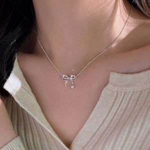 Kales-Collier Noeud Argent Collier Noeud Strass Collier Ras Du Cou Cristal Rond Collier Pendentif Petit Noeud Collier Cz Brillant Collier Chaîne Bijoux Pour Femmes Et Filles Cadeaux - Neuf