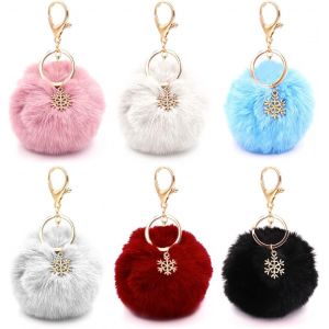 Kal-Porte-Cl&eacute;s Pompon, 6 Pi&egrave;ces Pom Pom Porte-Cl&eacute;s Doux Artificielle Fourrure De Lapin Duveteux &Eacute;l&eacute;gant Trousseau De Cl&eacute;s Avec Breloques Pendentif Flocon Pour Filles Femmes Sacs Accessoires - Neuf
