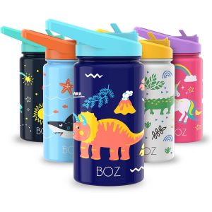 Gourde Isotherme Enfant Avec Paille 414ml, Bouteille D'eau Anti-Fuite Pour Boisson Chaude Ou Froide | Gourde Inox &Agrave; Double Paroi Isolante Et Motif Anti-Rayures Avec Poign&eacute;e, Sans Bpa (Dinosaure) - Neuf