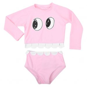 Maillot De Bain 2 Pieces Pour Bebe Fille, Motif Grands Yeux, Haut A Manches Longues Et Pantalon Taille Haute (Rose, Taille M) - Neuf