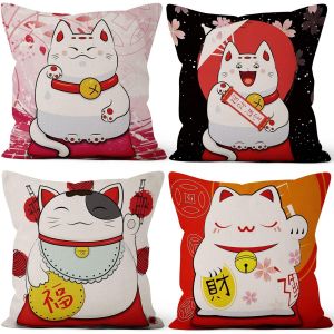 Trahoo-41x41cm Lot De 4 Housse De Coussin Style Japonais Chat Chanceux Lin De Coussincarr&eacute; Taie D'oreiller Decoration Canap&eacute; Taverne Japonaise Maison D&eacute;cor Housse Coussin Tatami Jardin Exterieur - Neuf