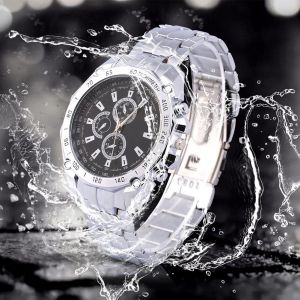 Montre A Quartz Analogique Elegante Pour Homme, Bracelet En Alliage, Boitier En Metal, Montre-Bracelet Ronde, Cadran Noir - Neuf