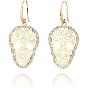Boucles D'oreilles Pendantes En Forme De Tête De Mort Pour Femme-Hypoallergénique-Doré-Avec Cristal-Cadeau D'halloween.[X3138] - Neuf