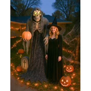 D&eacute;coration Anim&eacute;e Faucheur Squelette Avec Citrouille 210 Cm - Neuf