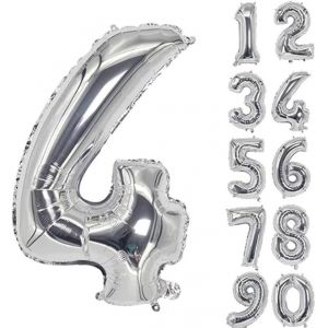 SJZG-Lot De 4 Ballons G&eacute;ants En Forme De Chiffre Pour D&eacute;coration De F&ecirc;te D'Anniversaire, F&ecirc;te Pr&eacute;natale, Anniversaire De Mariage - 101,6 Cm - Argent&eacute; - Neuf