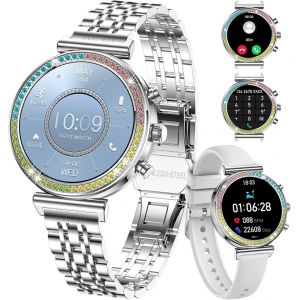 Montre Intelligente pour Femmes, &eacute;cran HD 1,27 &raquo;, appels Bluetooth, Fitness Tracker, Montre Intelligente Sportive pour Femmes pour t&eacute;l&eacute;phones Android iOS, fr&eacute;quence Cardiaque/moniteu (Or Argent) - Neuf