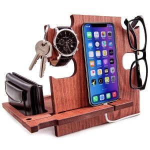 Station d'Accueil en Bois, Support pour Smartphone - Organisateur de Bureau, Support de Table de Chevet, Couleur &eacute;b&egrave;ne (Marron fonc&eacute; (mahogany)) - Neuf