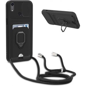 Kal-Coque Avec Cordon Pour Huawei Y6 2019/ Honor 8a,Collier Pour Étui Colliers De Cellulaire Réglable Corde Silicone Souple Case,Protection De La Caméra,Support,Porte Cartes - Noir - Neuf