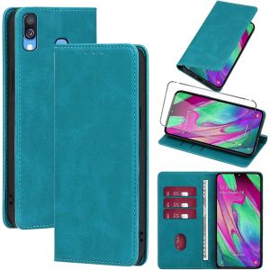 KAL-Coque Cuir Pour Samsung Galaxy A40 Avec 1 Verre Trempé Etui À Rabat En Pu Porte-Cartes Portefeuille Support Flip Housse Magnétique Antichoc Anti-Rayures Case 5.9"",Bleu Clair - Neuf