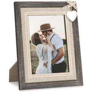 CMWX-Cadre Photo 13x18 Bois Vintage Rustique Shabby Nature Marron Avec Coeur Blanc et Faveurs Mariage Toile Jute - Neuf