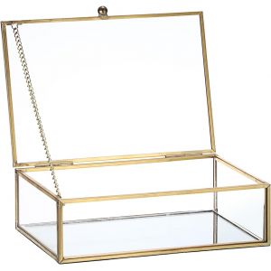 Bo&icirc;te &Agrave; Bijoux En Verre Dor&eacute; Avec Couvercle En Laiton - Rectangulaire - Vintage - D&eacute;coration D'int&eacute;rieur - Vitrine - Pour Bagues, Colliers, Bracelets, Boucles D'oreilles - Cadeau Pour Femme - Neuf