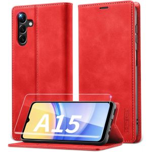 TIANYI-Coque pour Samsung A15 4G/5G avec Verre Tremp&eacute;, Etui en Cuir PU Premium, RFID Protection Portefeuille Housse pour Samsung Galaxy A15 5G/4G &Eacute;tui, Rouge - Neuf