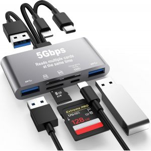 Lecteur de Carte SD 5 en 1,Adaptateur USB 3.0 Haute Vitesse en Aluminium pour téléphones/Pad appareils USB C et USB A avec emplacements pour Cartes Micro SD et SD - Neuf