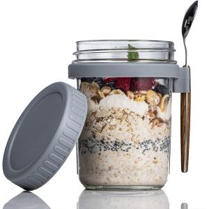 Kal-Taxually Bocaux En Verre, 350 Ml Bocaux De Conservation En Verre Avec Cuill&egrave;re Pour Le Remplissage De C&eacute;r&eacute;ales, Yaourt, Portable Verre Pour L'&eacute;cole, Le Bureau, Les Voyages - Neuf