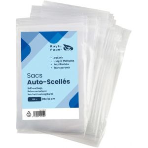 Raylu Paper-Sachets Plastiques Transparents Zip,Pack De 100 Sacs En Plastique Transparent Refermables Pour Stoker La Nourriture Et Autres Objets,Usages Multiples (20 X 30 Cm) - Neuf