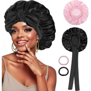 2 Pi&egrave;ces Bonnet Satin Cheveux Nuit, Bonnet en Satin &Eacute;lastique avec 2 &Eacute;lastique Cheveux Bonnet Soie Respirant Bonnet de Nuit pour Cheveux Longs Courts Boucl&eacute;s - Neuf