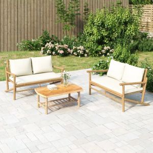 Prolenta Premium - Salon De Jardin 3 Pcs Avec Coussins Blanc Cr&egrave;me Bambou - Neuf