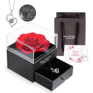 V&eacute;ritable Rose Pr&eacute;serv&eacute;e, Coffret Cadeau De Bijoux De Fleur De Rose &Eacute;ternelle Avec Collier Je T'aime Pour Sa Femme Petite Amie Pour Un Anniversaire La Saint-Valentin La F&ecirc;te Des M&egrave;res No&euml;l - Neuf