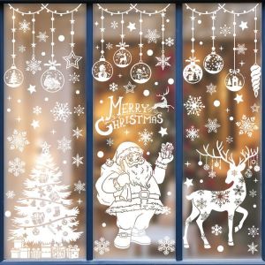 90 Pi&egrave;ces Stocker Stickers Noel Fenetre Grand, Reutilisable Autocollant Noel Fenetre,3 Feuilles Blanc Decoration Noel Fenetre Electrostatique, Vitrophanie Noel Vitrine pour la Deco Noel Vitre - Neuf