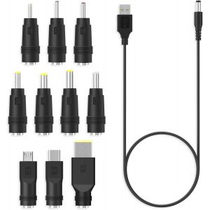 3A Cable USB vers DC 1m avec 10 Embouts DC Adapter pour Chargeur Secteur 5.5 x 2.1mm DC Barrel Jack Universel Convertisseur de Prise Alimentation pour Ordinateur Portable, Routeur etc - Neuf