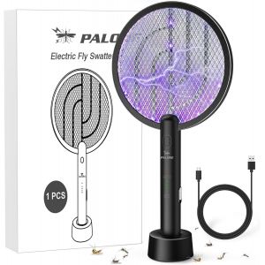 MAA-Raquette Electrique Insectes 4000V, Raquette Moustique Electrique avec Base, Tapette Électrique USB Rechargeable UV, Anti Moustiques & Insectes Volants, pour Intérieur et Extérieur (Noir, 1PC) - Neuf