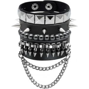 Kal-Bracelet Punk Rock Gothique Manchette À Clou Pointe Chaîne Rivet Cuir Pu Rockeur Homme Femme - Neuf