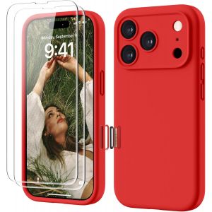 LORANKA-4 en 1 Coque iPhone 17 Pro Silicone avec Bouton de Contr&ocirc;le Cam&eacute;ra, avec 2 Verre Tremp&eacute;, 360&deg; Protection &Eacute;tui Pr&eacute;cise R&eacute;sistant aux Rayures Antid&eacute;rapant iPhone 17 Pro Case 6.3"", Rouge - Neuf