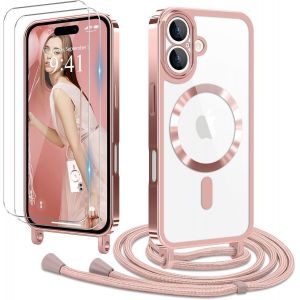 Kal-Coque Pour Iphone 16 Plus Avec Cordon De Collier + 2×Verre Trempé, Coque Transparente Tpu Bumper Silicone Etui Housse Avec Cordon Réglable, Coque Magnétique Pour Iphone 16 Plus Rose - Neuf