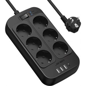 Multiprise Electrique,Bloc 6 Prises 3680W 13A avec 4 Ports Chargeur (3 USB A+1 USB C) Prise Multi Parasurtenseur Parafoudre et Surtension avec Interrupteur Cable 2m-Blanc - Neuf