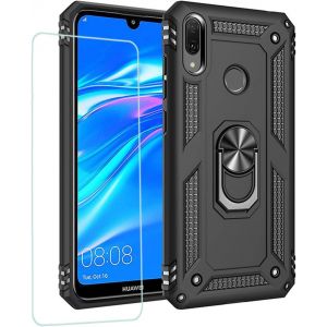 Kal-Kompatibel Für Coque Huawei Y7 2019,Etui + Film De Verre Trempé Magnétique Support Armure Robuste Antichoc Silicone Tpu 360 Degré Cas De Téléphone De Voiture Bumper-Noir - Neuf