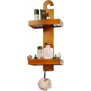 Panier De Douche En Teck Avec Crochets, Support De Douche Suspendu &Agrave; 2 Niveaux, &Eacute;tag&egrave;re De Douche En Bois Pour Articles De Toilette, Sans Per&ccedil;age - Neuf