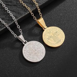 Exquis Catholique St Benoît Collier En Acier Inoxydable Médaille Ronde Christian Jésus Croix Pendentif Hommes Et Femmes Amulette Bijoux - Neuf