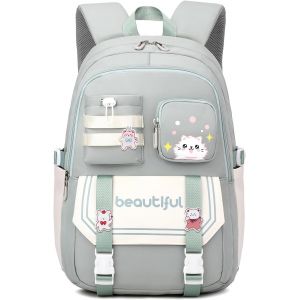 Sac A Dos Pour Enfant Adolescentes Cartable Fille Primaire, Kawaii Sac D'École Pour Fille Garçon 8 10 À 16 Ans, Sac Ecole Léger Et Imperméable, 30X20X46 Cm, Vert - Neuf