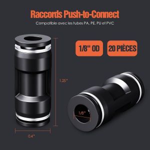 Raccords Pneumatiques 1/8"" OD-Rapides à Air Comprimé,Connecteurs Droits Push-to-Connect,Raccords de Tuyau pour Compresseur,Outils Pneumatiques et Tubes (20 Pièces) - Neuf