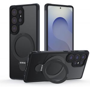 TRAHOO-Coque pour Samsung Galaxy S25 Ultra avec Support, MagSafe Compatible &Eacute;tui Rotatable Kickstand, Anti-Rayures PC Dur Housse Arri&egrave;re Mat Translucide Protection Case avec Anneau Ajustable Rolatif, - Neuf