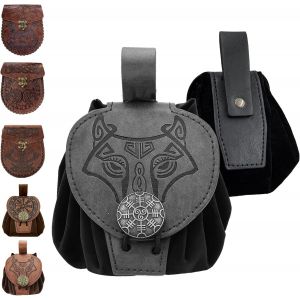 TIANYI-Bourse Porte Monnaie en Faux Cuir Embossé MéDiéVal, Pochette Ceinture Homme, Bourse Porte Monnaie,Parfait pour Les Hommes, Les Femmes, Les Costumes d'halloween RéTro Et Le Cosplay(Noir) - Neuf