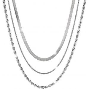 Kal-Ensemble De Collier En Acier Inoxydable Femmes Hommes Cha&icirc;ne De Serpent &Agrave; Chevrons Cha&icirc;nes Choker Cuban Pour Hommes Femmes Or/Argent - Neuf