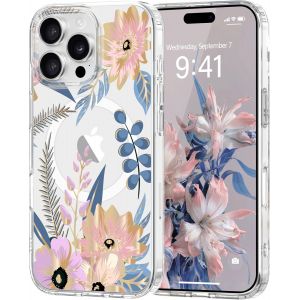 Trahoo-Coque Magn&eacute;tique Florale Pour Iphone 16 Pro Max [Compatible Avec Magsafe], Coque De Transparente Anti-Jaunissement, Joli Motif Floral Anti-Rayures, Protection Tpu Pour Filles Et Femmes-Rose - Neuf