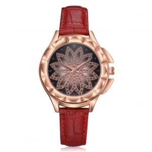 Fleur Motif D&eacute;coration Dame Montre Femmes Dames &Agrave; La Mode Quartz Mouvement Montre (Rouge + Or) - Neuf