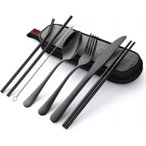 Camping Set De Couverts En Acier Inoxydable Couteaux Fourchettes Cuillères, Baguettes Pailles Pinceau Sac De Transport Pour Le Voyage De Déjeuner À L'école 8 Pièces Noir - Neuf
