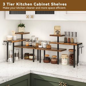 Tianyi-Ibukye Étagère D'angle De Cuisine À 3 Niveaux,Porte-Épices Avec Crochets, Organisateur De Comptoir,Pour Rangement D'épices,Pour Salle De Bain, Comptoir, Armoire, Plante, Brun Rustique,Tlj023h - Neuf