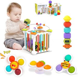 TDRFL-Jouet Montessori Pour B&eacute;b&eacute;s (12 Pcs),Jeux Montessori Cubes De Motricit&eacute; Stem Jouets &Eacute;ducatifs De Tri Des Formes Avec 3 Toupies &Agrave; Ventouse Et 6 Formes Multisensorielles Pour Les Enfants - Neuf