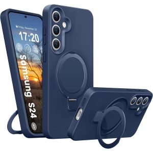 Maa-Coque Silicone Liquide Pour Samsung Galaxy S24, Anneau De Support Magnétique, Étui De Protection Antichoc 4 Couches, Doublure En Microfibre Souple Antirayures Pour Samsung S24 (Bleu Foncé) - Neuf